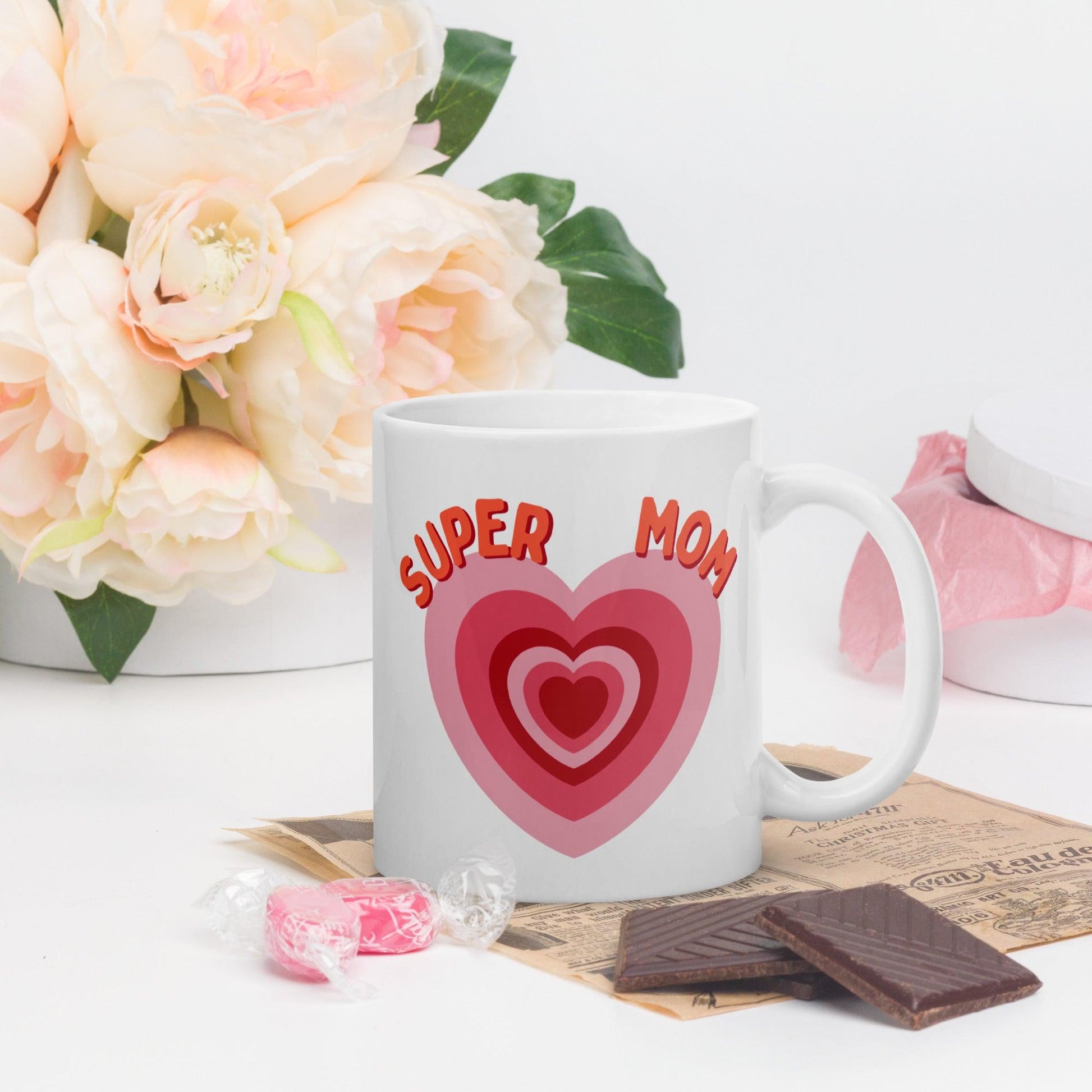 Super Mom White Glossy Mug - Clover Collection Shop