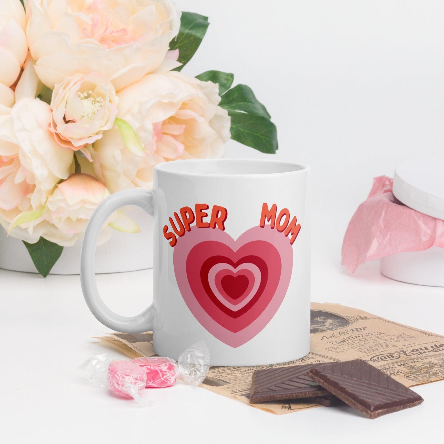 Super Mom White Glossy Mug - Clover Collection Shop